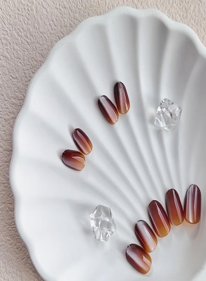 KQueenest Cat Eye Press on Nails Short Oval, 30 Pcs Light Brown Fake Nails Extra Short Round, Glitter Glass Glue on Nails Almond, Reusable Shiny Chrome False Nails for Women Fall Winter, Small Sizes - Image 4
